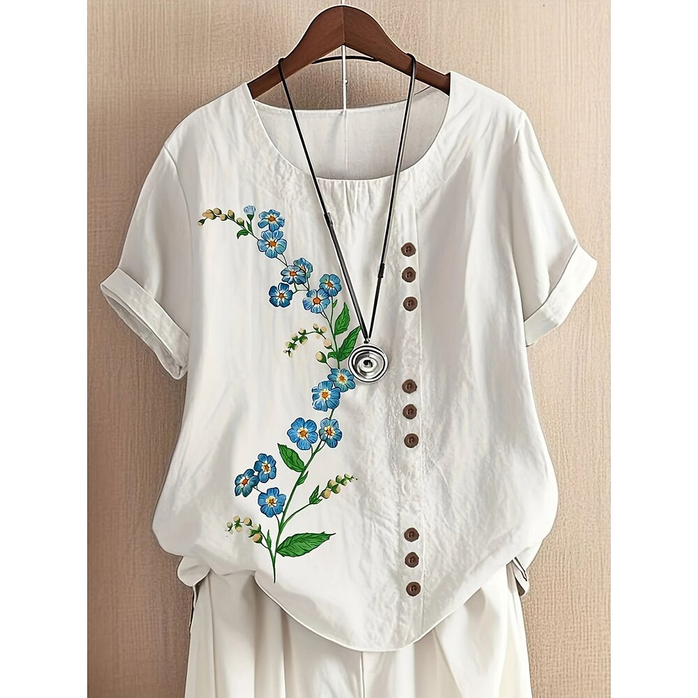 Damen Bluse aus Baumwolle und Leinen mit Blumenmuster, Vintage, lässig, kurzärmlig, Rundhalsausschnitt, normale Oberteile, für den Alltag, zum Ausgehen, mit Knöpfen, Druck, asymmetrischer Saum, weiß Lightinthebox