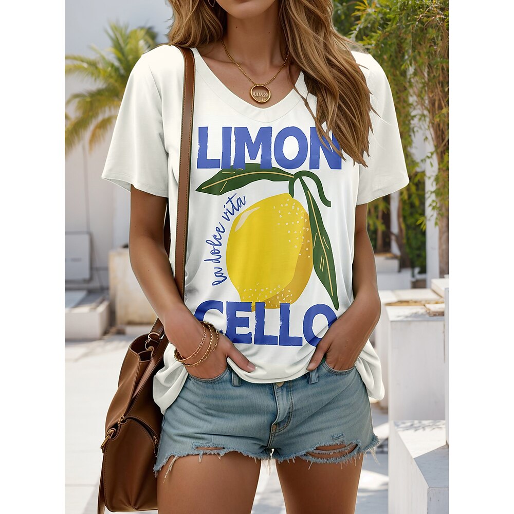 Damen T Shirt Grafik Buchstabe Stilvoll Modern Lässig Kurzarm V Ausschnitt Normale Oberteile Täglich Ausgehen Wochenende Druck Gelb Sommer Frühling Lightinthebox