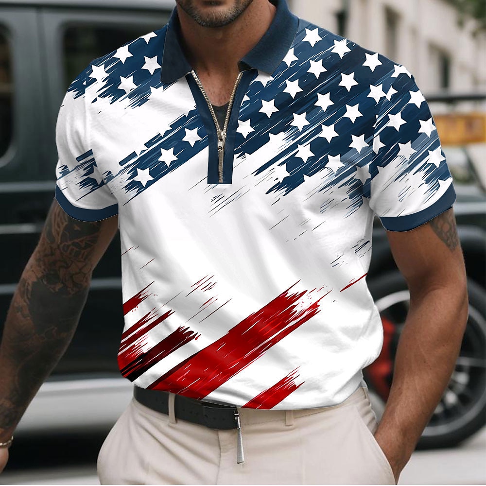 Herren Amerikanische US-Flagge Poloshirts mit Reißverschluss Kurzarm Polo-Shirts Hemden mit Kragen Brautkleider schlicht Athlässigkeit Freizeitskleidung 3D-Druck Rote Marinenblau Himmelblau Lightinthebox