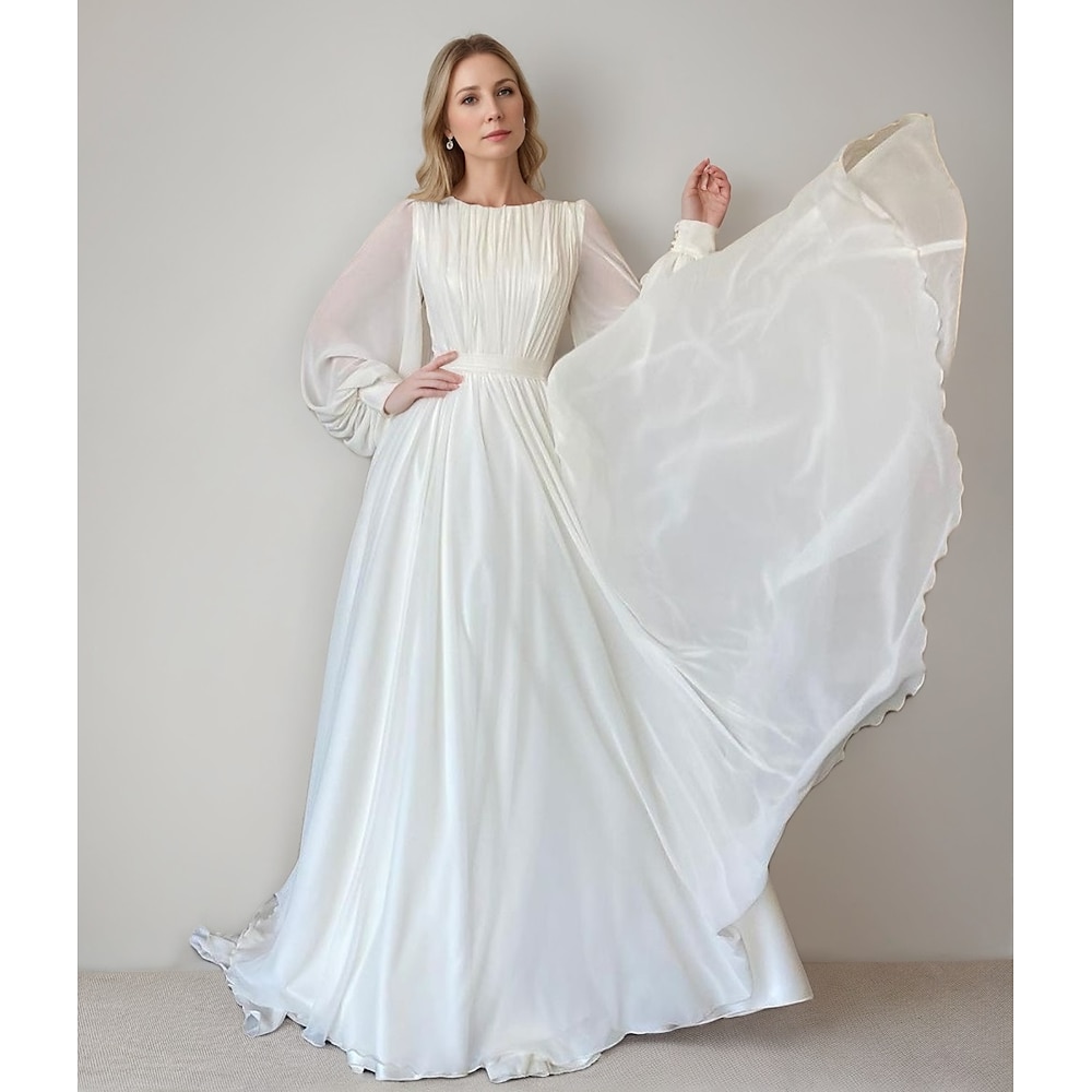 A-Linie Abendkleider Glänzend Kleid Formal Hochzeit Boden-Länge Langarm Schmuck Satin mit Glitzer 2025 Lightinthebox