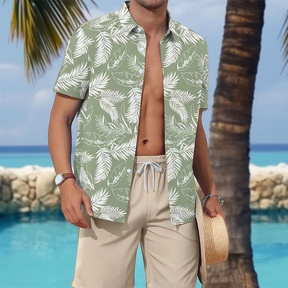 Herren Pflanzen 2St Hemden-Sets Sommeroberteile Kurzarm Kurze Hosen Umlegekragen Lässig Strandurlaub Outdoor Heim Lässig 3D-Druck Leicht Grün Lightinthebox