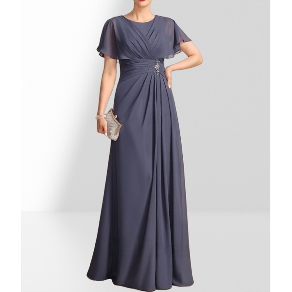 A-Linie Brautmutterkleid Hochzeitsgast Elegant Juwelenhals Bodenlang Chiffon Kurzarm mit Perlenstickerei Raffung 2025 Lightinthebox