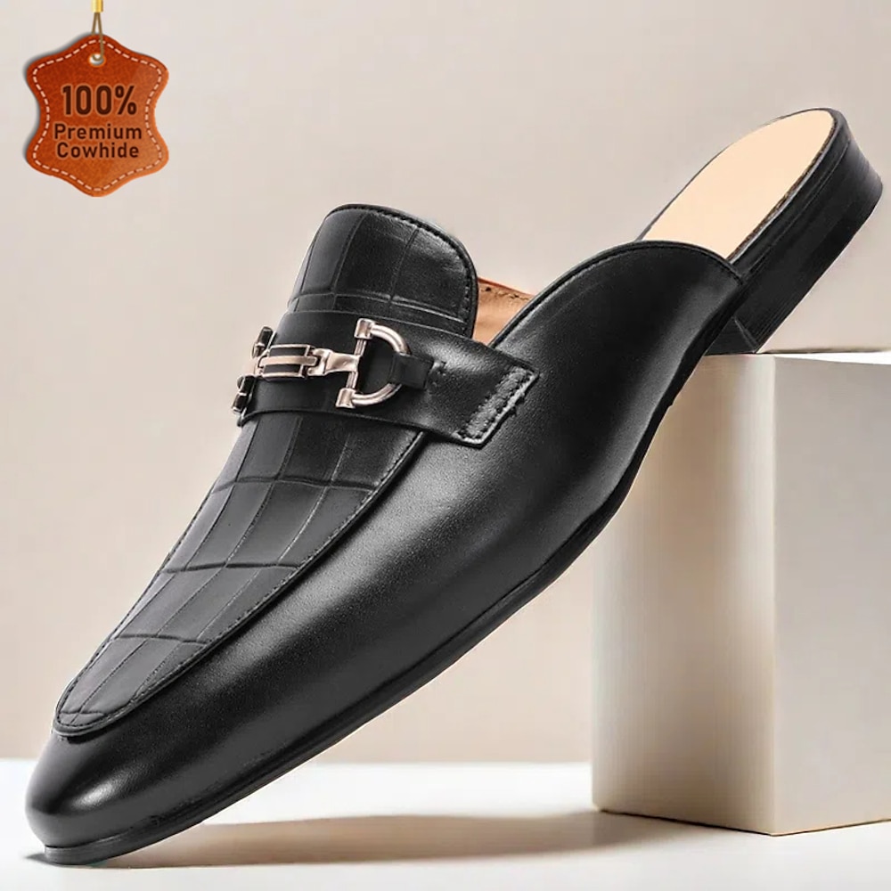 schwarze Leder-Mokassin-Slipper für Herren - eleganter Slipper mit Metallschnalle für Business Casual Lightinthebox