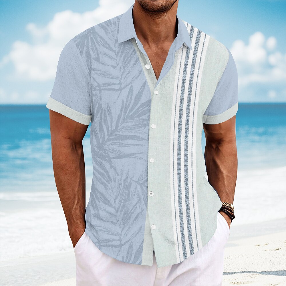 Herren Geometrisch Palmblatt Tropische Pflanzen Hemd Guayabera Hemd Sommer Hawaiihemd Kurzarm Hawaiianisch Urlaub Alltagskleidung Strandbekleidung Sommer Frühling Umlegekragen Knopf hoch Hemden mit Lightinthebox