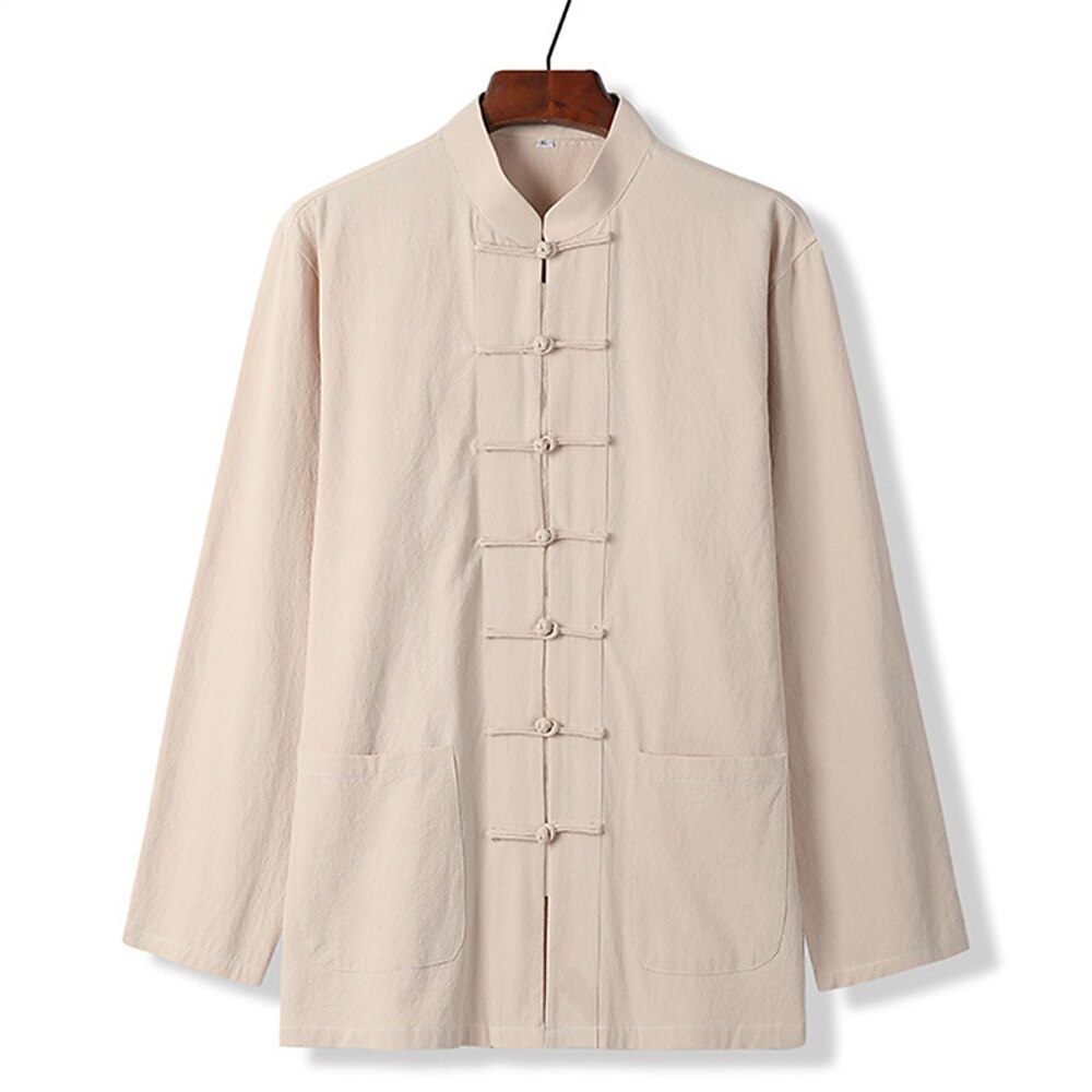 Herren Hemd leinenhemd Freizeithemd Knopfhemd Baumwollhemd Einfach Urlaub Hawaiianisch Schwarz Weiß Marineblau Dunkelgrün Langarm Stehkragen Frühling Herbst Bekleidung Button-Down Lightinthebox
