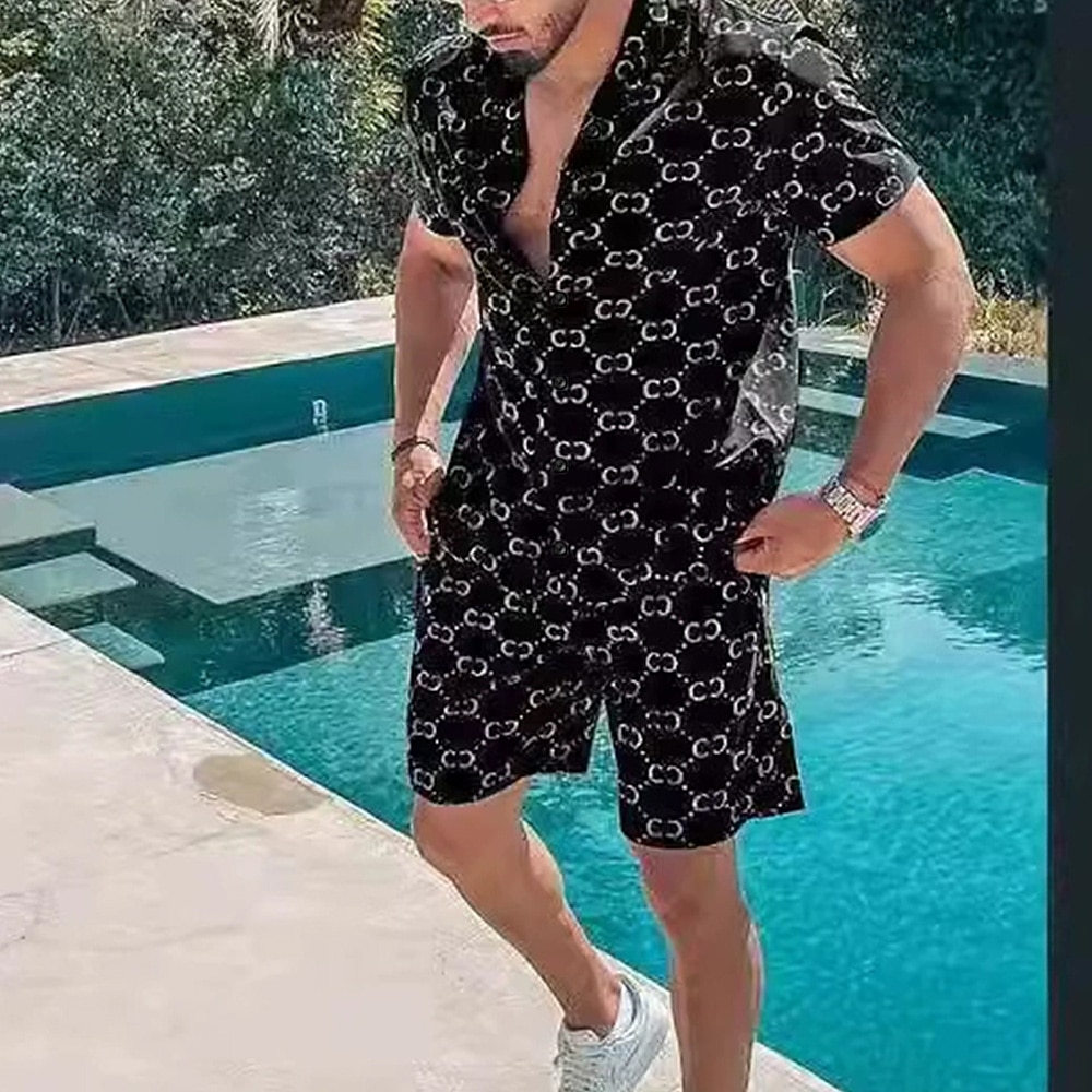 Herren Print 2St Hemd Kurzarm Kurze Hosen Hemden-Sets Umlegekragen Urlaub Brautkleider schlicht Casual Urlaubskleidung 3D-Druck Rubinrot Schwarz Gelb Lightinthebox