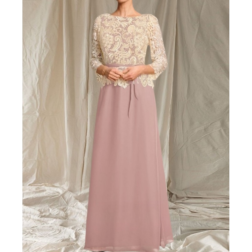 A-Linie Brautmutterkleid Hochzeitsgast Elegant Rundhalsausschnitt Bodenlang Chiffon Spitze Langarm mit Spitze Schärpe / Band 2025 Lightinthebox