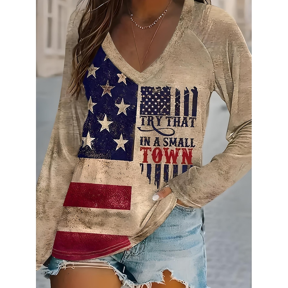 Amerikanischer Unabhängigkeitstag Damen T Shirt Grafik Flagge Amerikanische Flagge Lässig Kurzarm V Ausschnitt Normale Oberteile Täglich Wochenende Druck Khaki Sommer Lightinthebox