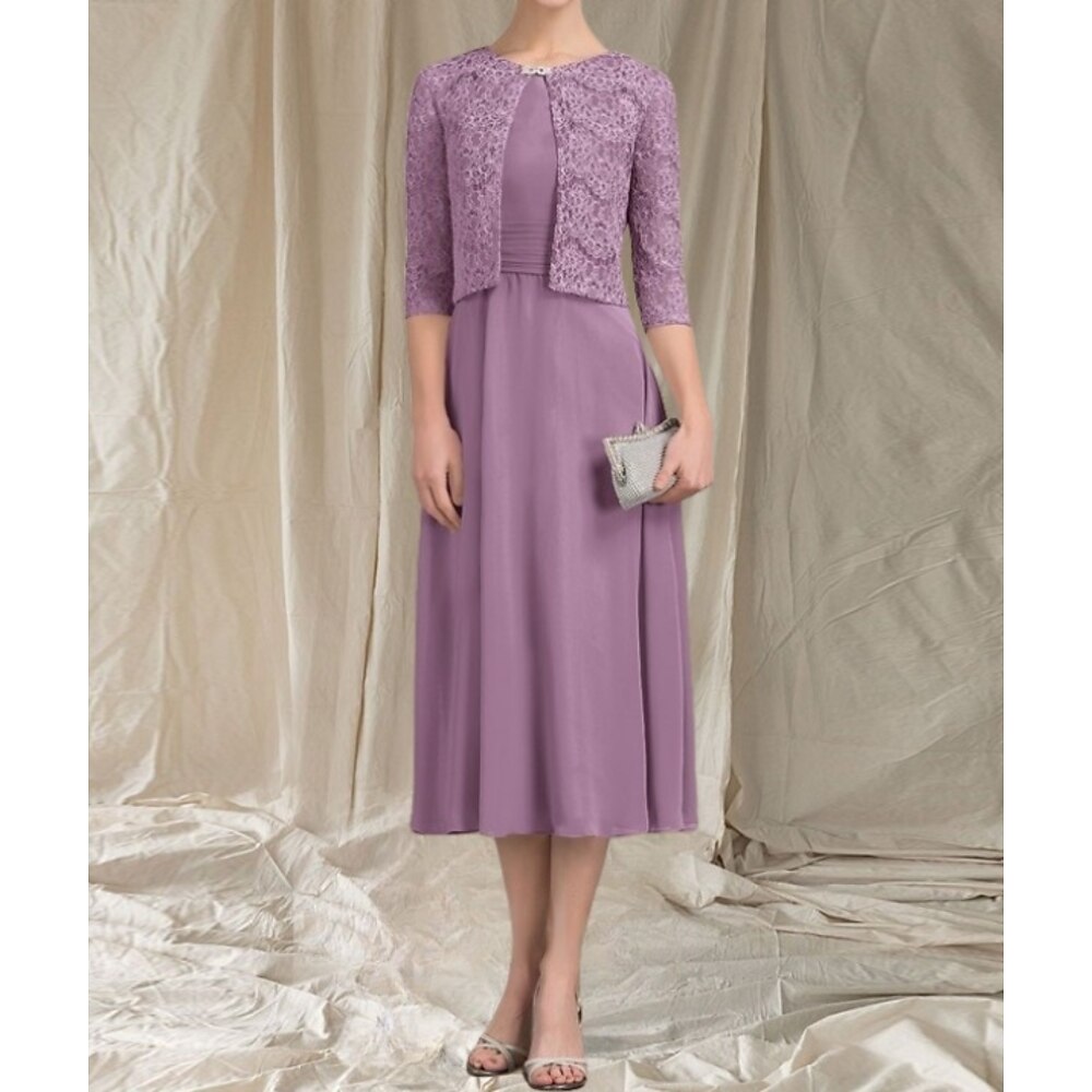 Zweiteilig A-Linie Brautmutterkleid Hochzeitsgast Elegant Rundhalsausschnitt Tee-Länge Chiffon Spitze Dreiviertelarm mit Spitze Gerafft 2025 Lightinthebox