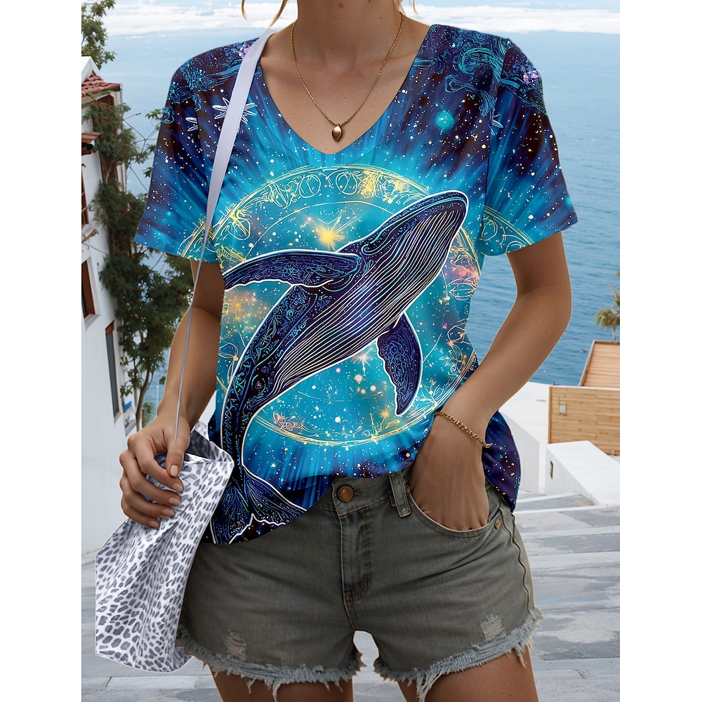 Damen T Shirt Graphic Tier Stilvoll Brautkleider schlicht Kurzarm V Ausschnitt Normale Oberteile Täglich Bedruckt Blau Sommer Frühling Lightinthebox