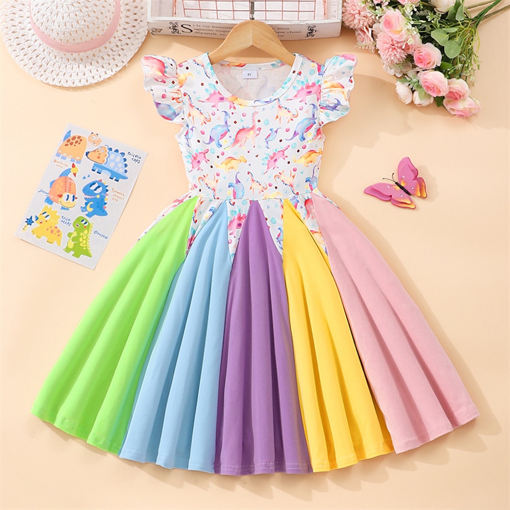 kinderkleidung Mädchen Kleid Blumen Regenbogen Kurzarm Outdoor Casual Rüsche Modisch bezaubernd Polyester Knielang Casual kleid A Linie Kleid Sommer 4 Jahre Weiß Hellgrün Himmelblau Lightinthebox