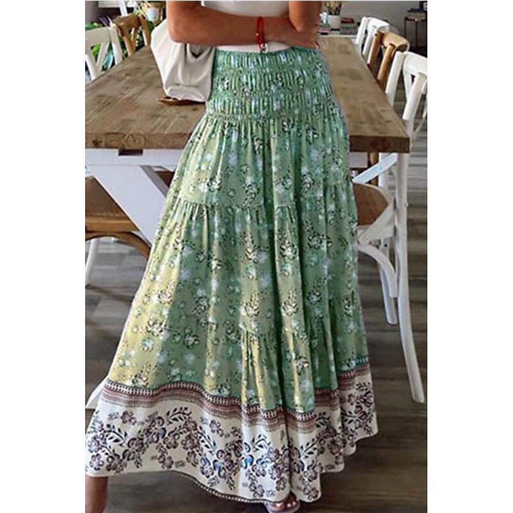 Damen Rock Schwingend Lässig Boho Maxi Mittlere Hüfthöhe Röcke Blumen Druck Mikroelastisch Urlaub Straße Apfel Grün Violett Schwarz Knackmandel Sommer Polyester Lightinthebox