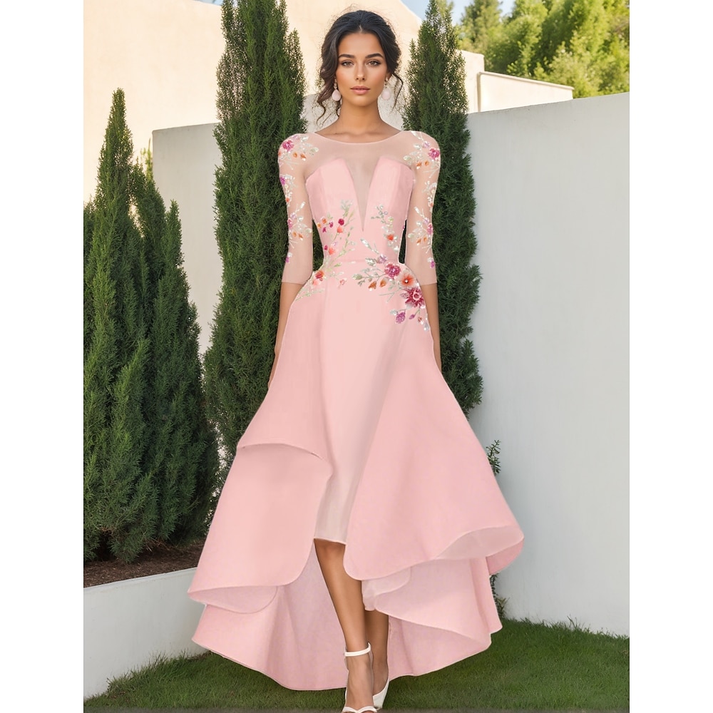 A-Linien-Cocktailkleider, Pailletten, florale Spitze, elegantes Kleid, formelle Hochzeit, knielang, 3/4-Ärmel, Rundhalsausschnitt, Satinkleid mit Rüschen 2025 Lightinthebox