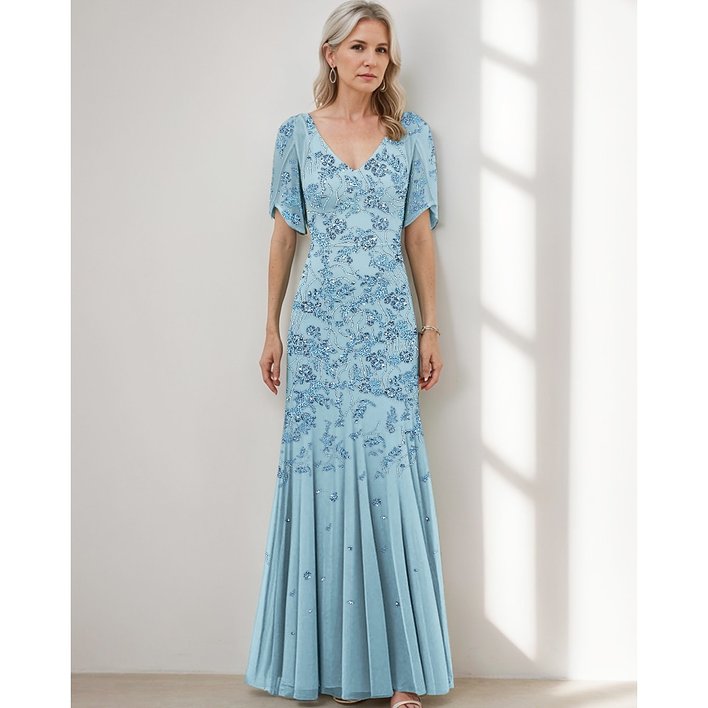 A-Linien-Kleid für die Mutter der Braut, elegant, Vintage, schlicht, V-Ausschnitt, bodenlang, Perlenspitze, kurze Ärmel, ausgestellter Saum, 2025 Lightinthebox