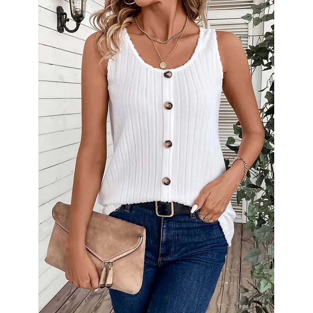 Damen Camisole-Tanktop Einfach Elegant Lässig Ärmellos Rundhalsausschnitt Normale Oberteile Täglich Ferien Knöpfe Weiß Blau Sommer Lightinthebox