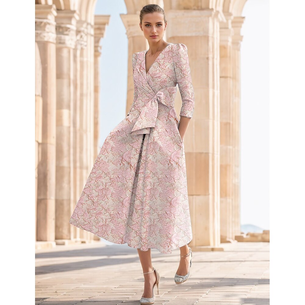 Jacquard-Blumen-Cocktailkleider in Blau und Rosa, A-Linie, elegant, für formelle Hochzeiten, knöchellang, halbe Ärmel, V-Ausschnitt, Nylon-Print, Schlitztasche, 2025 Lightinthebox