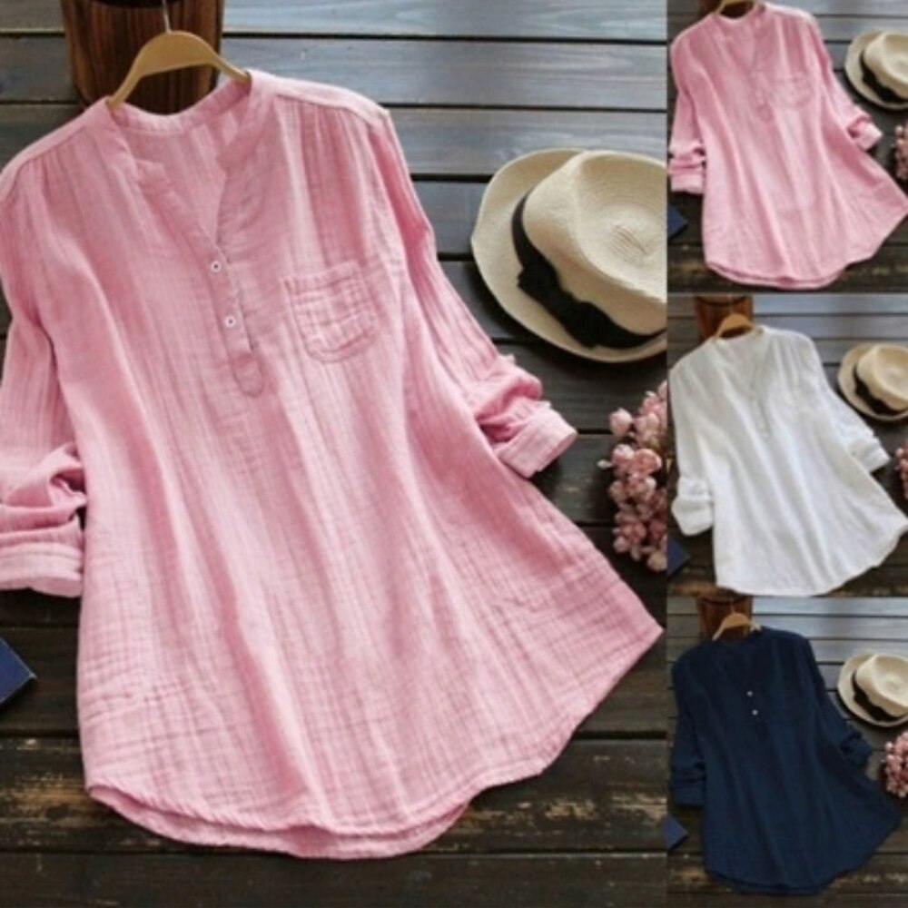 Damen Hemd Baumwoll-Leinenhemd Bluse Einfach Basic Modern Langarm V Ausschnitt Normale Oberteile Täglich Ausgehen Knöpfe Tasche Weiß Rosa Marineblau Sommer Lightinthebox
