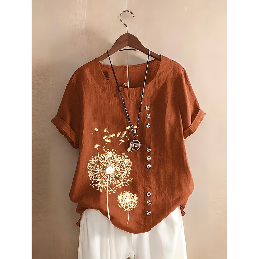 Damenbluse mit Blumenmuster, Grafik, stilvoll, Baumwolle, Leinen, lässig, kurzärmlig, Rundhalsausschnitt, normale Oberteile, für den Alltag, Ausgehen, Knöpfe, Druck, Braun Lightinthebox