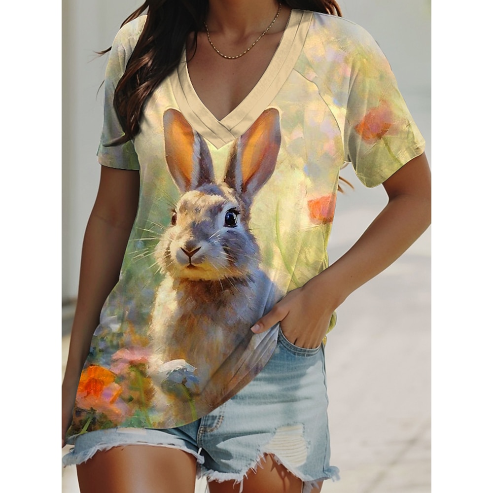 Ostern Damen T Shirt Tier Brautkleider schlicht Kurzarm V Ausschnitt Normale Oberteile Täglich Bedruckt Gelb Sommer Lightinthebox