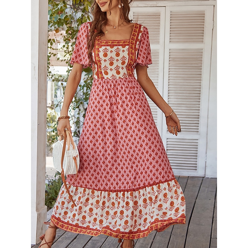 Damen kleid lang Schaukelkleid Sommerkleid Boho-Kleid Kleid drucken Modisch Modern Täglich Festtage Wochenende Regular Fit Blumen Kurzarm Quadratischer Ausschnitt Gelb Rosa Orange Grün Sommer Lightinthebox