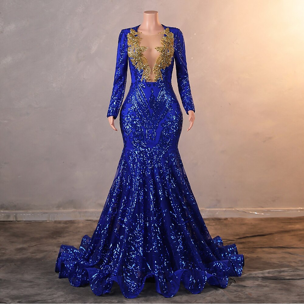 Meerjungfrauenschnitt Abiballkleider Elegant Kleid Abschlussball Geburtstag Hofschleppe Langarm Rundhalsausschnitt Paillettenbesetzt mit Paillette Applikationen 2025 Lightinthebox