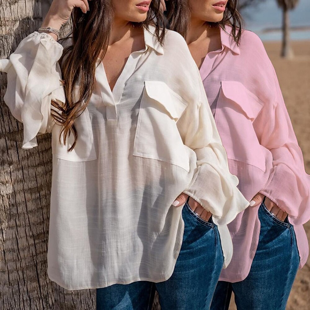 Damen Hemd Baumwoll-Leinenhemd Bluse Einfach Modern Lässig Langarm Hemdkragen Normale Oberteile Täglich Ferien Ausgehen Knöpfe Tasche Weiß Rosa Sommer Lightinthebox
