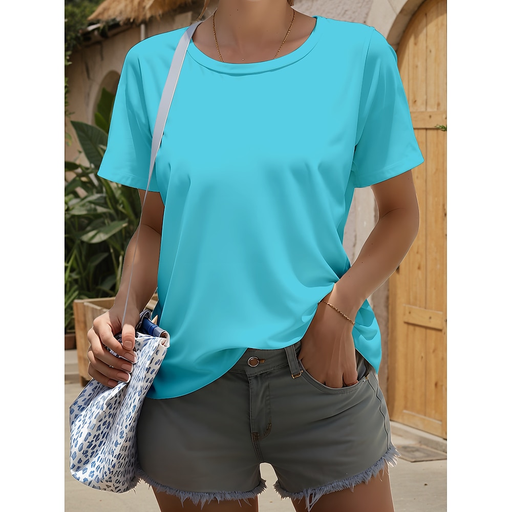 Damen T Shirt Feste Farbe Glatt Stilvoll Brautkleider schlicht Kurzarm Rundhalsausschnitt Normale Oberteile Täglich Bedruckt Schwarz Weiß Wein Marineblau Himmelblau Sommer Frühling Lightinthebox