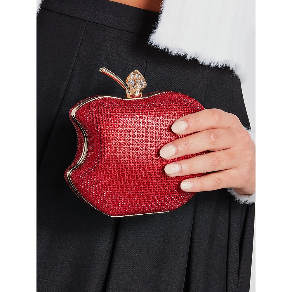 Rote Apfel-Clutch für Damen mit Strasssteinen - luxuriöse Abendhandtasche aus Kristall mit Goldkette für Partys, Hochzeiten und besondere Anlässe Lightinthebox