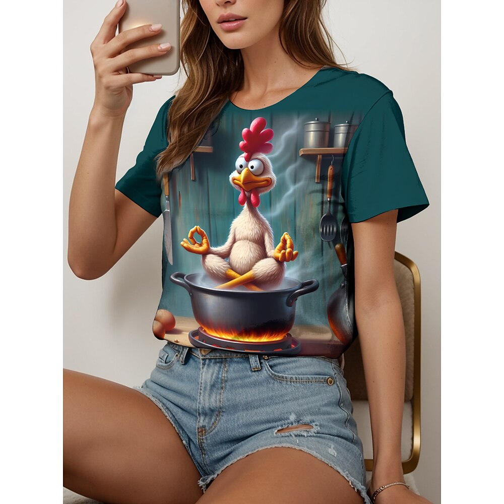 Damen T Shirt Grafik Hahn Stilvoll Lässig Kurzarm Rundhals Normale Oberteile Täglich Wochenende Süße Outfits Druck Grün Sommer Frühling Lightinthebox