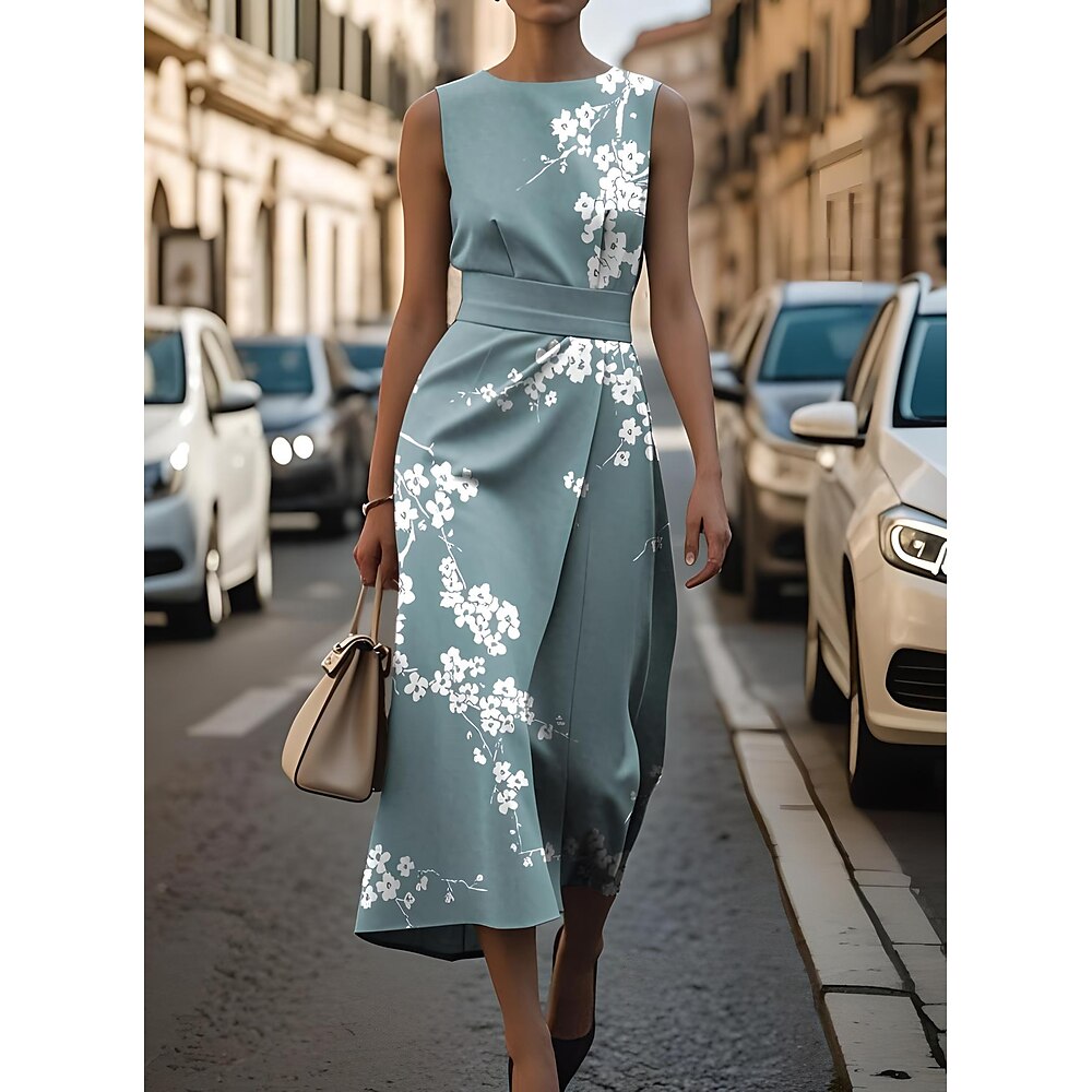 Damen Midikleid Etui-Kleid Figurbetontes Kleid Lässig Formell Halbformelle Kleider Büro Täglich Arbeitsmode Normale Passform Grafik Ärmellos Rundhalsausschnitt Hellgrün Blau Khaki Rosenrot Sommer Lightinthebox