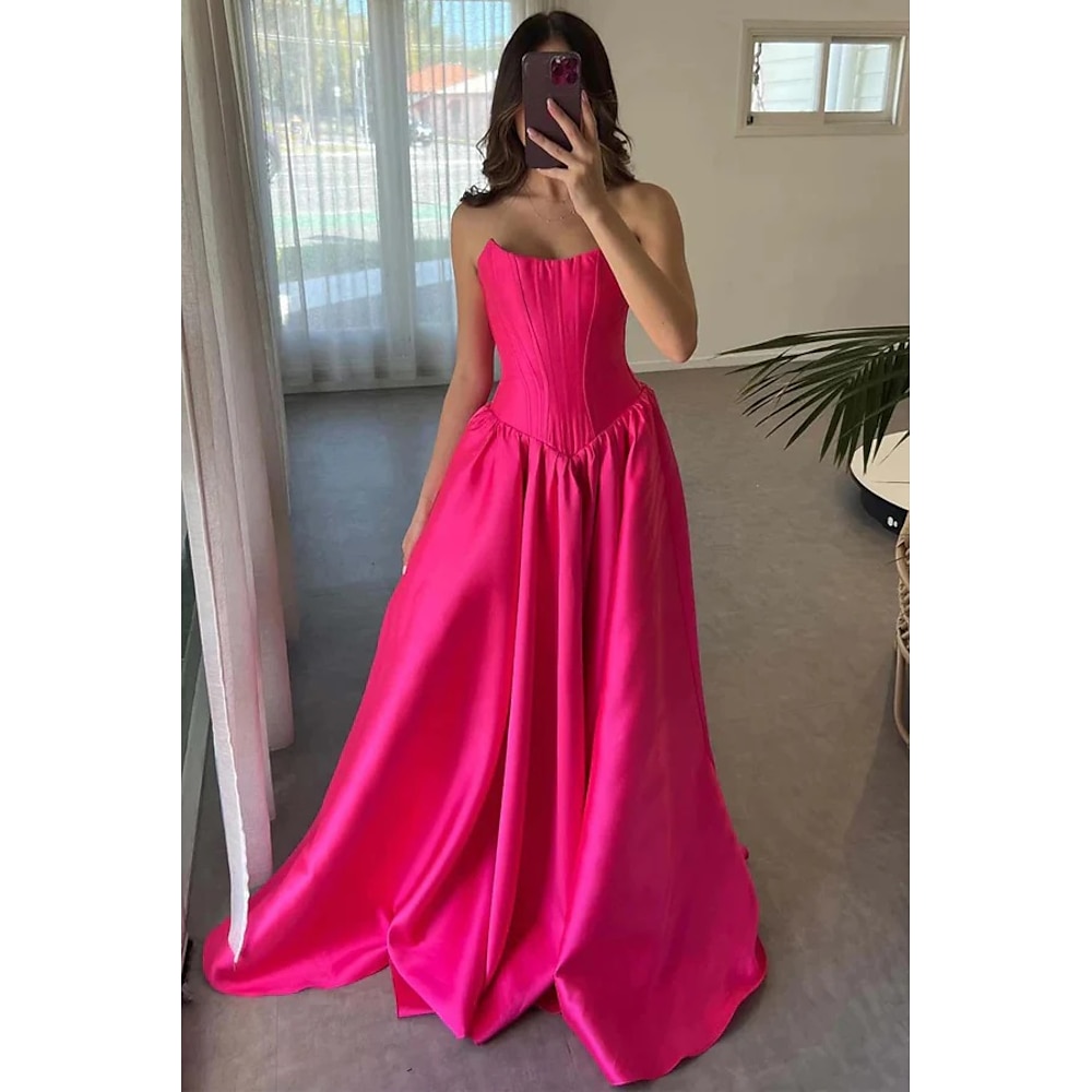 A-Linien-Ballkleid mit tiefer Taille, elegantes Korsettkleid, formelle Abendparty, bodenlang, ärmellos, schulterfrei, Satin mit Rüschen, 2025 Lightinthebox