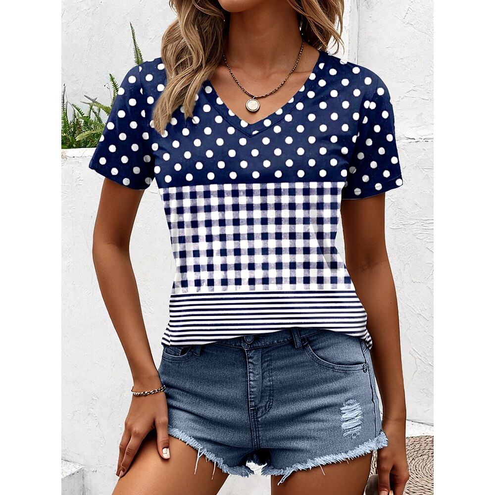 Damen T Shirt Grafik Geometrisch Tupfen Stilvoll Lässig Kurzarm Rundhalsausschnitt Normale Oberteile Täglich Wochenende Druck Marineblau Sommer Frühling Lightinthebox