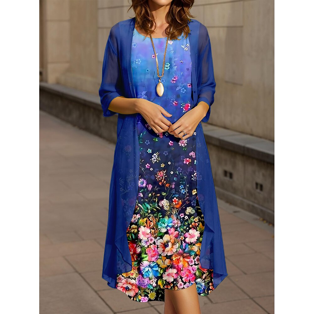Damen Kleid-Set A Linie Kleid Sommerkleid Midi-Kleid Urlaub Lässig Ombre Blumen Plissiert Druck Midikleid Halbarm Rundhalsausschnitt Urlaub Täglich Marineblau Frühling Herbst Normale Passform Lightinthebox