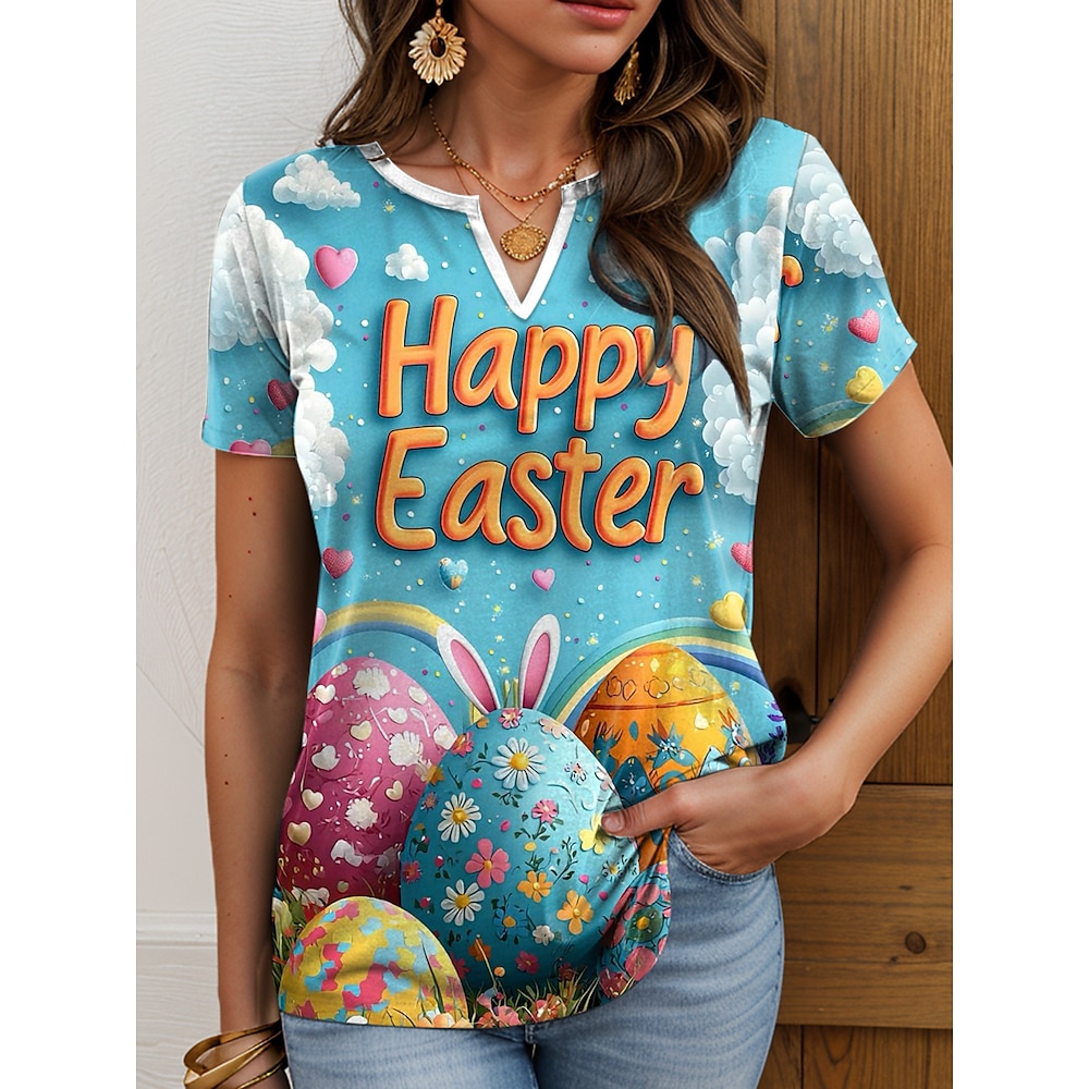 Ostern Damen T Shirt Graphic Brautkleider schlicht Kurzarm Gekerbter Hals Normale Oberteile Täglich Bedruckt Blau Sommer Frühling Lightinthebox