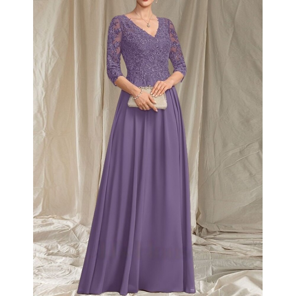 A-Linie Brautmutterkleid Hochzeitsgast Elegant V Ausschnitt Bodenlang Chiffon Dreiviertelarm mit Perlenstickerei Applikationen 2025 Lightinthebox