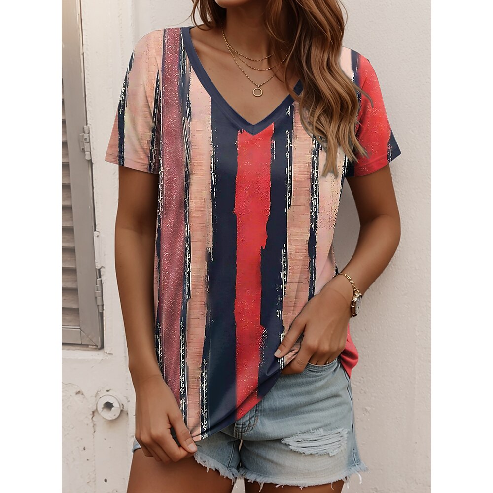 Damen T Shirt Grafik Geometrisch Lässig Kurzarm V Ausschnitt Normale Oberteile Täglich Druck Rosa Sommer Frühling Lightinthebox