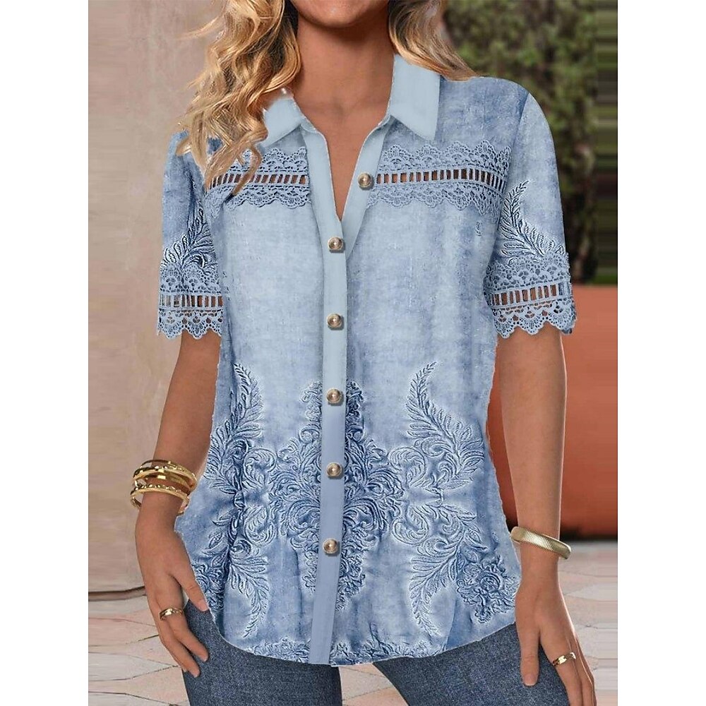 Damen Hemd Blumen Stilvoll Lässig Kurzarm Hemdkragen Normale Oberteile Täglich Patchwork Knöpfe Druck Schwarz Weiß Rosa Blau Sommer Frühling Lightinthebox