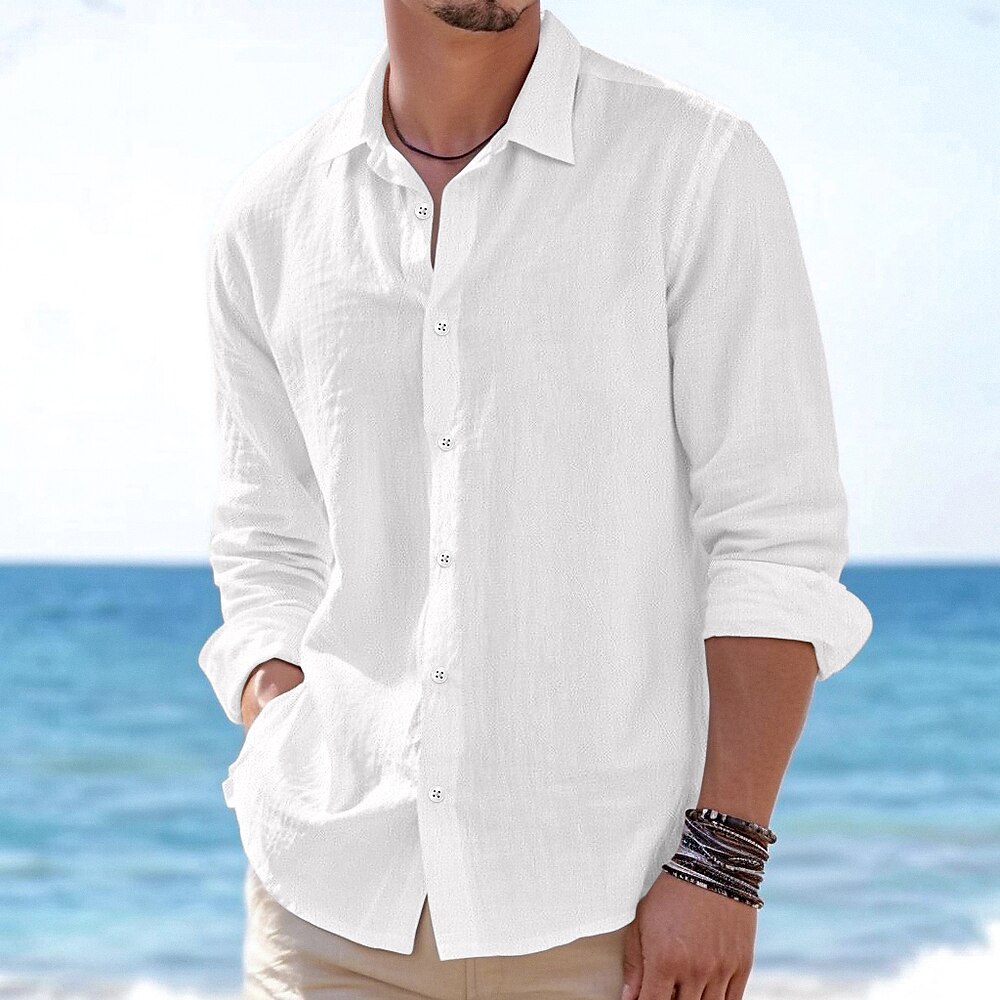 Herren Hemd leinenhemd Sommerhemd Strandbekleidung Knopfhemd Einfach Urlaub Lässig Schwarz Weiß Rosa Marineblau Langarm Umlegekragen Sommer Frühling Sommer Bekleidung Lightinthebox
