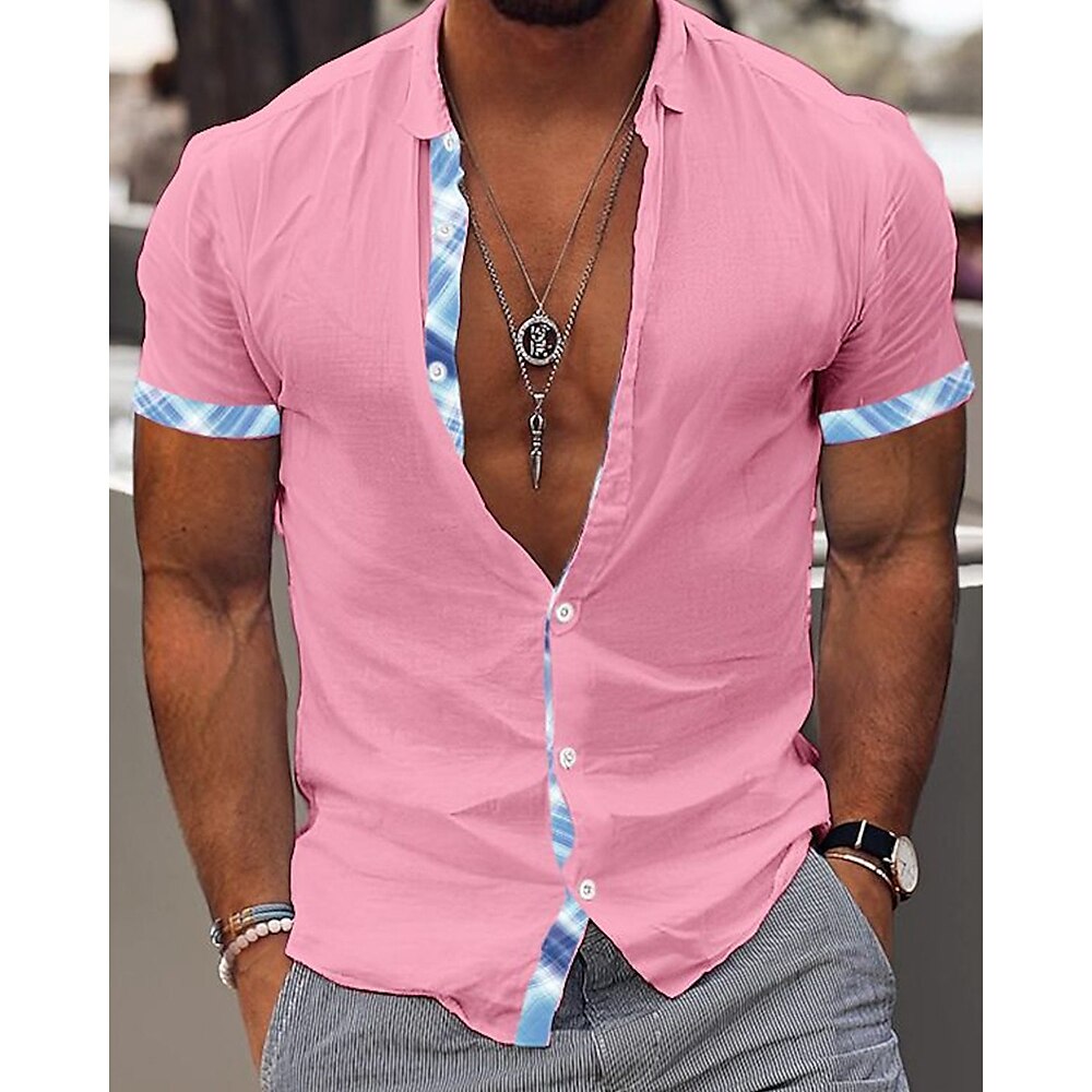 Herren Hemd Sommerhemd Freizeithemd Strandhemd Schwarz / Orange Weiß Rosa Blau SchwarzGrau Kurzarm Karomuster Hemdkragen Urlaub Hawaiianisch Bekleidung Polyester Mode Lässig Bequem Lightinthebox