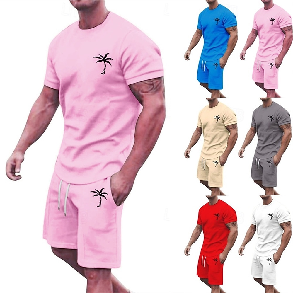 Herren T-Shirt Anzüge 2-teiliges Outfit T-Shirt und Shorts Kurzarm Rundhalsausschnitt Sommer Kokospalme Mode Lässig 2 teilig Urlaub Alltagskleidung Ausgehen Schwarz Weiß Gelb Top T-Shirt für Herren Lightinthebox