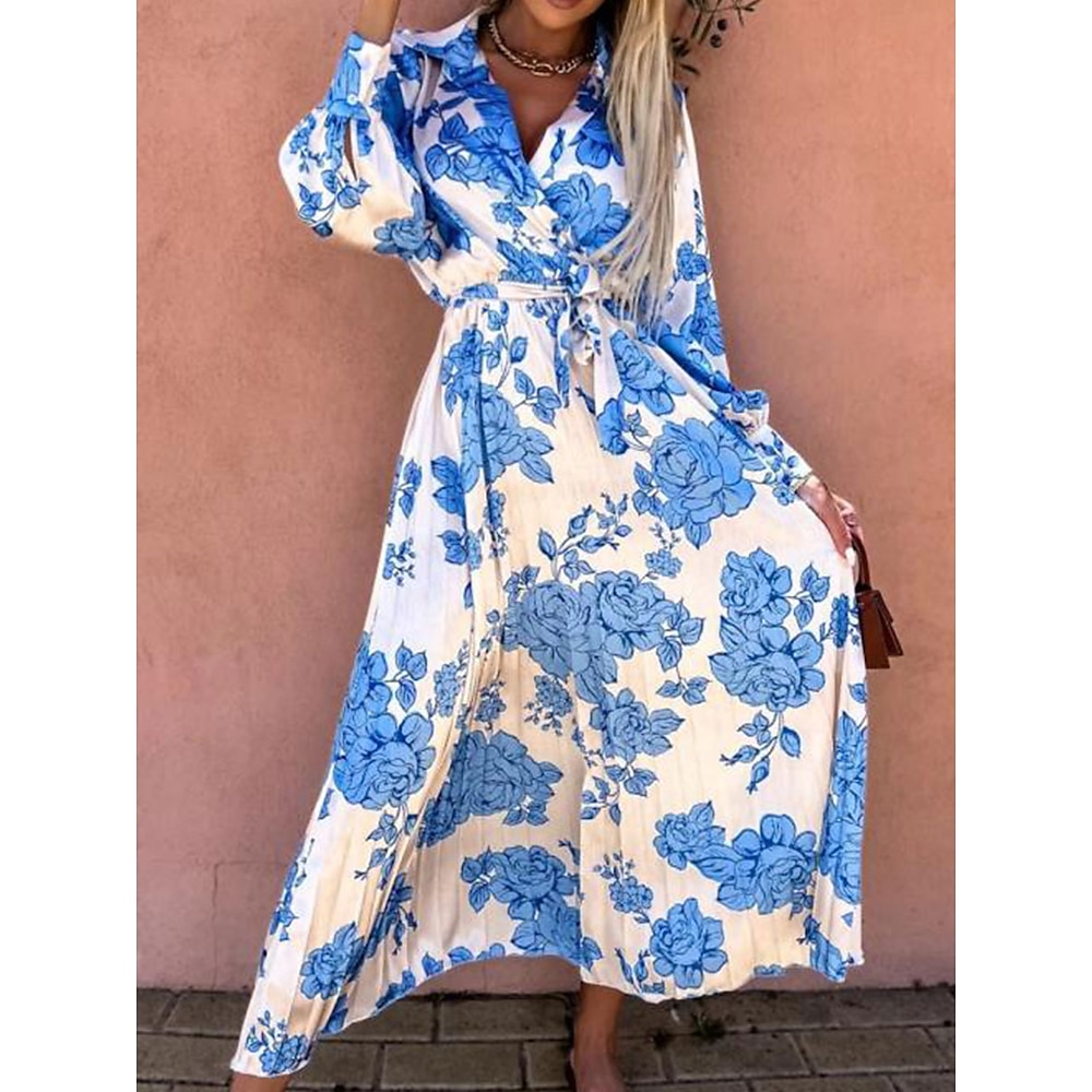 Damen Maxidress A Linie Kleid Figurbetontes Kleid Urlaub Urlaub Täglich Regular Fit Graphic Langarm V Ausschnitt Gelb Blau Sommer Lightinthebox