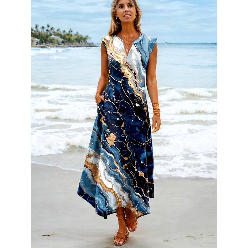 Damen Maxikleid Sommerkleid Shiftkleid Urlaub Lässig Strand Party Strand Normale Passform Ombre Grafik Abstrakt Ärmellos V Ausschnitt Azurblau Sommer Frühling Lightinthebox