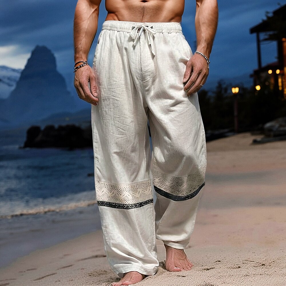 Herren Leinenhosen Hose Sommerhose Freizeithose Kordelzug Elastischer Bund Gerader Schnitt Einfach Komfort Atmungsaktiv Volle Länge Lässig Täglich Ferien Mode Klassicher Stil Beige Lightinthebox