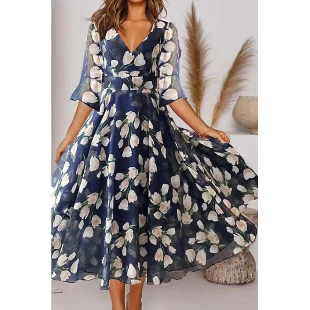 Damen Midikleid Schaukelkleid Kleid drucken Modisch Outdoor Ausgehen Wochenende Regular Fit Blume Halbe Ärmel V Ausschnitt Blau Sommer Lightinthebox