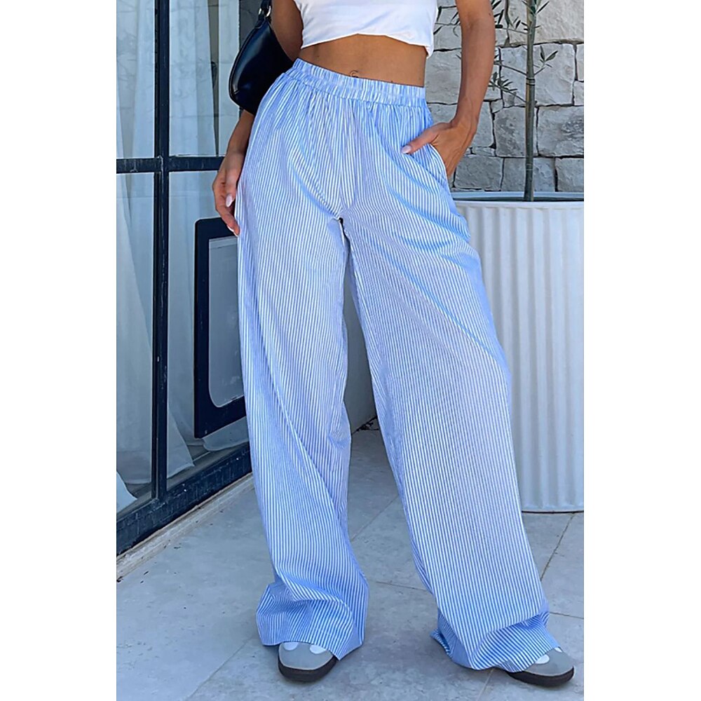 Damen Weites Bein Stoffhosen Mode Streetwear Volle Länge Natürliche Taille Gestreift Tasche Elastischer Bund Bequem Straße Ausgehen Rosa Blau Sommer Normale Passform Lightinthebox