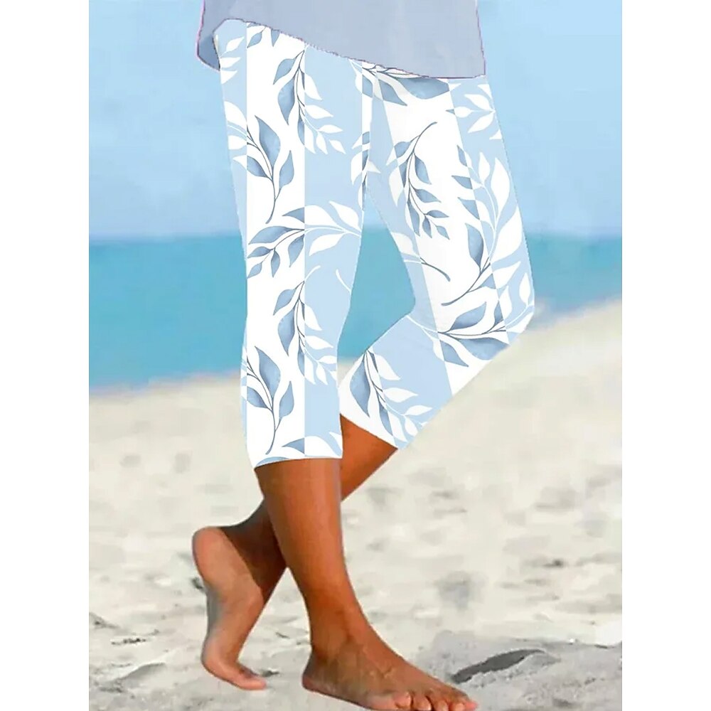 Damen Leggings Urlaub Mode Hawaiianisch Wadenlang Mittlere Taille Blumen Grafik Blatt Drucken Atmungsaktiv Weich Mikroelastisch Urlaub Lässig Täglich Babyblau Sommer Frühling Normale Passform Lightinthebox