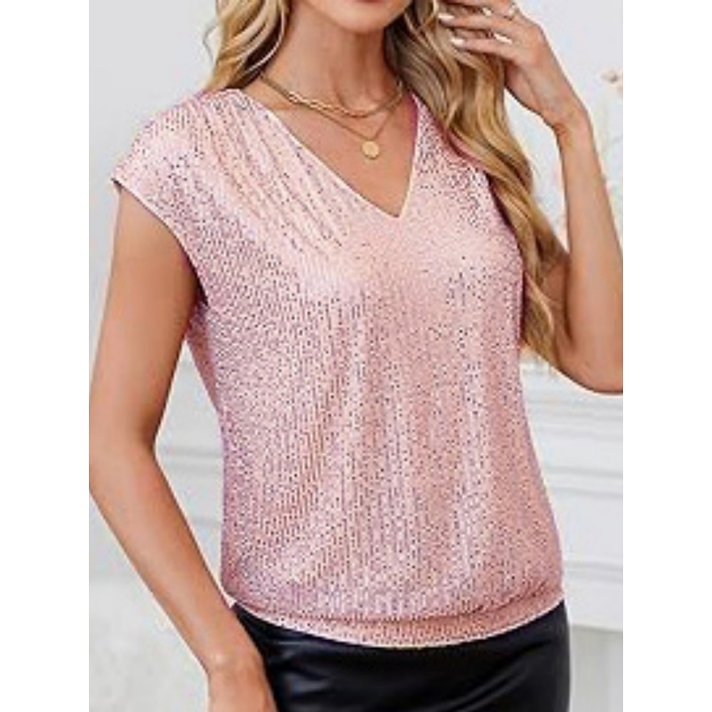 Damen Hemd Bluse Feste Farbe Party Stilvoll Modern Kurzarm V Ausschnitt Normale Oberteile kleid hochzeitsgast Abendgesellschaft Ausgehen Pailletten Schwarz Rosa Wein Blau Gold Sommer Frühling Lightinthebox