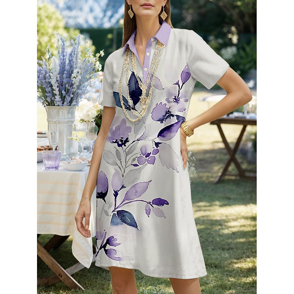 Damen Midikleid A Linie Kleid Urlaub Lässig Täglich Date Normale Passform Blumen Grafik Blatt Kurzarm Hemdkragen Silber Sommer Frühling Lightinthebox