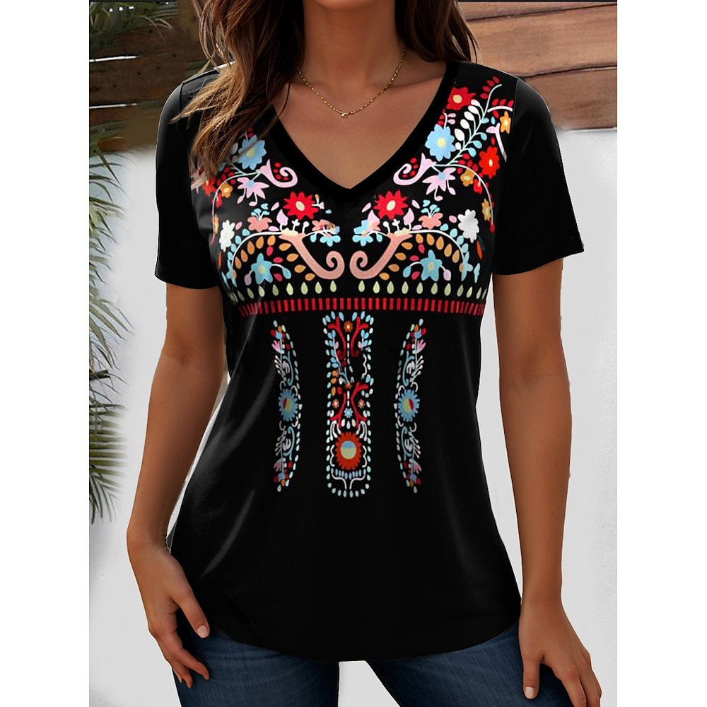 Damen T Shirt Graphic Paisley-Muster Böhmen Stilvoll Brautkleider schlicht Kurzarm V Ausschnitt Normale Oberteile Täglich Wochenende Strandbekleidung Bedruckt Schwarz Sommer Lightinthebox