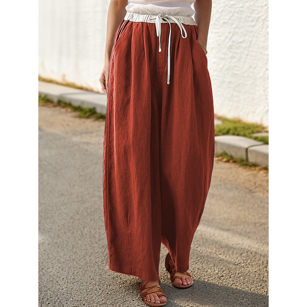 Damen Hose aus Baumwollleinen Chinos Baggy-Hosen Alltagstauglich Komfort Volle Länge Hohe Taille Einfarbig Patchwork Tasche Kordelzug Atmungsaktivität Bequem Mikroelastisch Lässig Alltagskleidung Rot Lightinthebox